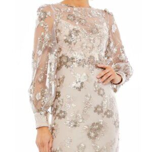 MAC DUGGAL 70237 EMBELLISHED HIGH NECK ILLUSIONS LONG SLEEVE MOCHA MIDI DRESS 14